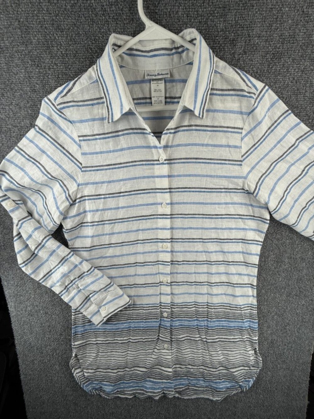 Tommy Bahama Linen Cotton Long Sleeve Button Up Shirt Striped Blue Medium LONG